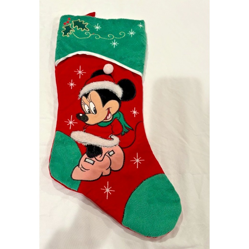 Disney Minnie Mouse Christmas Stocking 19" Plush Embroidered Santa Holiday Used